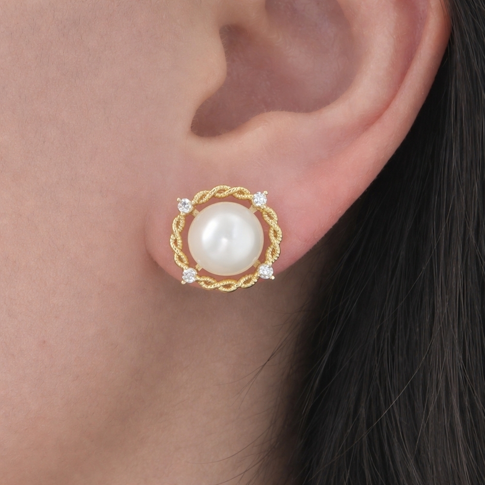 Freshwater Pearl Stud Earrings CZ Vintage Bridal 18K Gold Plated June Birthstone - Picture 2 of 4